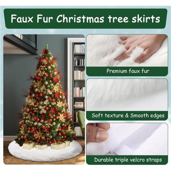 48-Inch White Faux Fur Christmas Tree Skirt, Plush Holiday Decoration - Picture 4 of 8